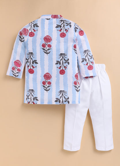 Boys Pure Cotton Jaipuri Floral Printed Full Sleeve Kurta and Pajama Ethnic Set - Sky