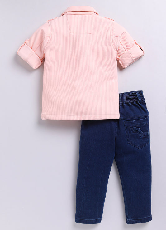 Peach Casual and Stylish Full Sleeves Jacket with Denim Pants and Sleeveless Tshirt