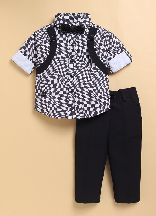 Black Partywear Abstract Printed Full Sleeves Shirt Pant Attached Suspender Bow Set
