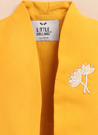 Little Collars Boys Festive Haldi Floral Motif Ethnic Nehru Jacket Kurta Pajama Set - Mustard