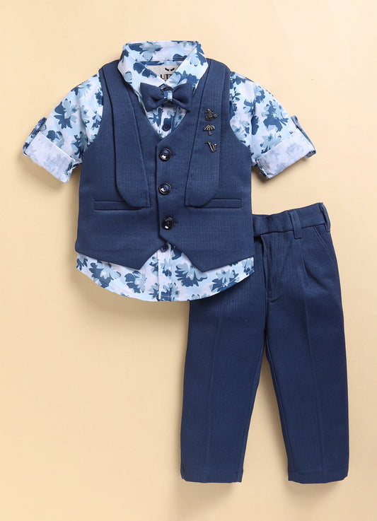 Blue Formal Partywear Waistcoat Printed Full Sleeves Shirt Pant Coord Set with Bow and Brooches