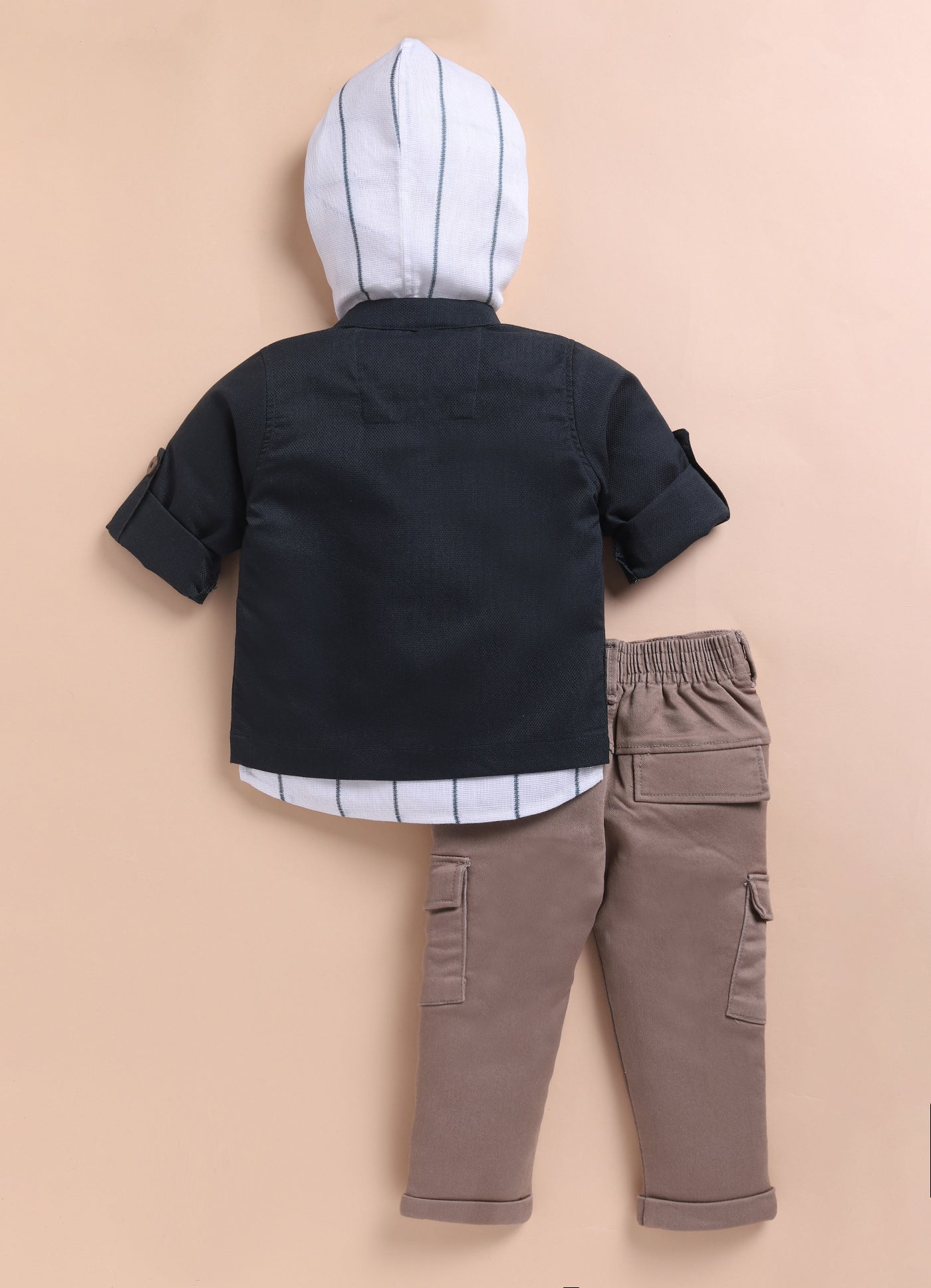Green Casual and Stylish Full Sleeves Cotton Blend Washed Shacket with Pants and Striped Half Sleeves Hooded Kurta Shirt