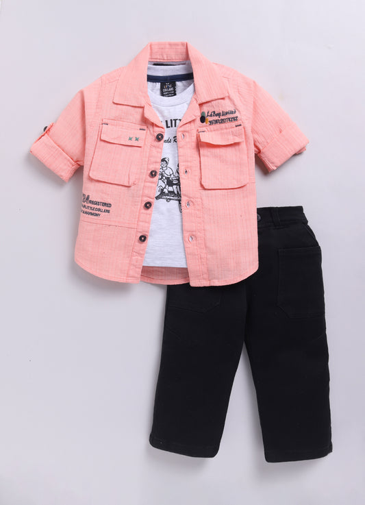 Peach Woven Fun and Comfortable Cotton Casual Solid Full Sleeves Shirt and Pants, Tshirt and Printed Scarf Set