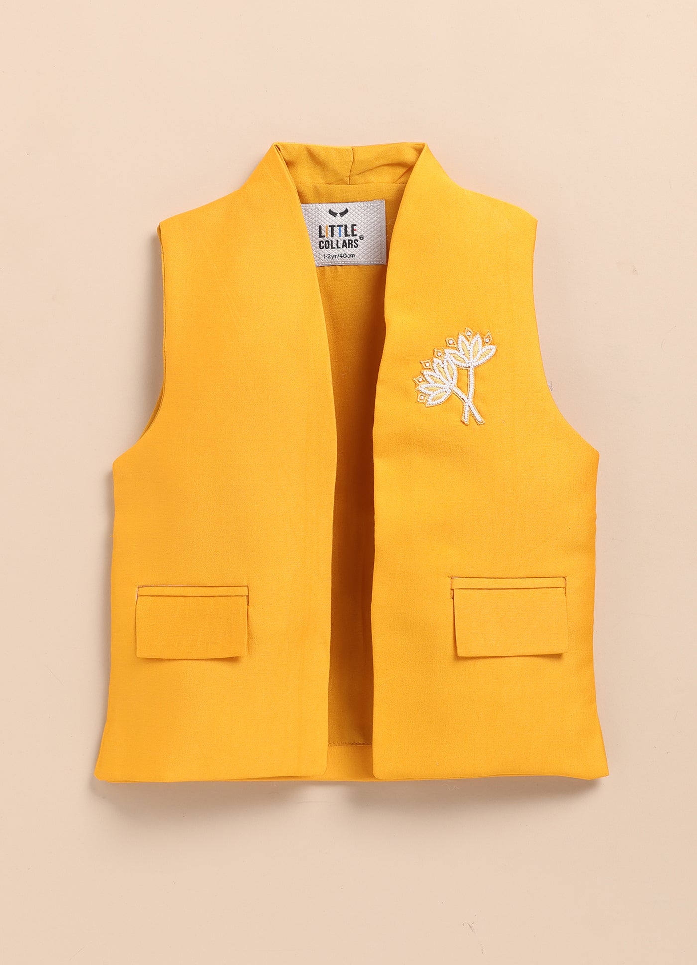 Little Collars Boys Festive Haldi Floral Motif Ethnic Nehru Jacket Kurta Pajama Set - Mustard