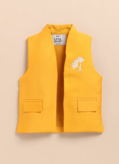 Little Collars Boys Festive Haldi Floral Motif Ethnic Nehru Jacket Kurta Pajama Set - Mustard