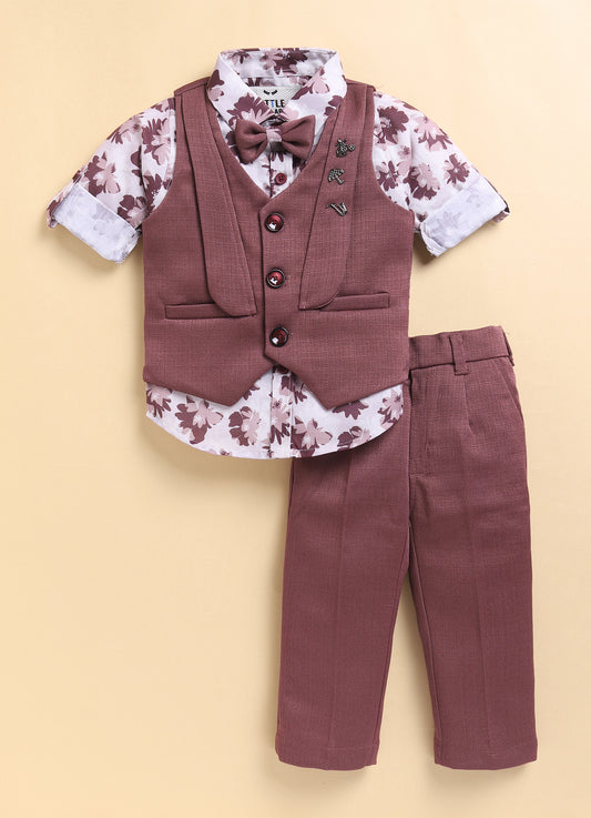 Wine Formal Partywear Waistcoat Printed Full Sleeves Shirt Pant Coord Set with Bow and Brooches
