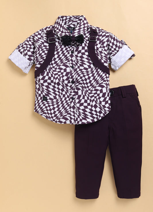 Wine Partywear Abstract Printed Full Sleeves Shirt Pant Attached Suspender Bow Set