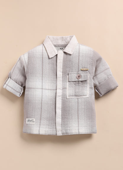 Trendy and Timeless Cotton Checkered Shacket 3 piece Casual Set for Boys- Grey