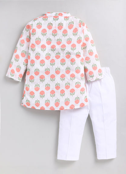 Boys Woven Pure Cotton Floral Printed Kurta Pajama with Handwork on Button Ethnic Wear Festive Set- Peach