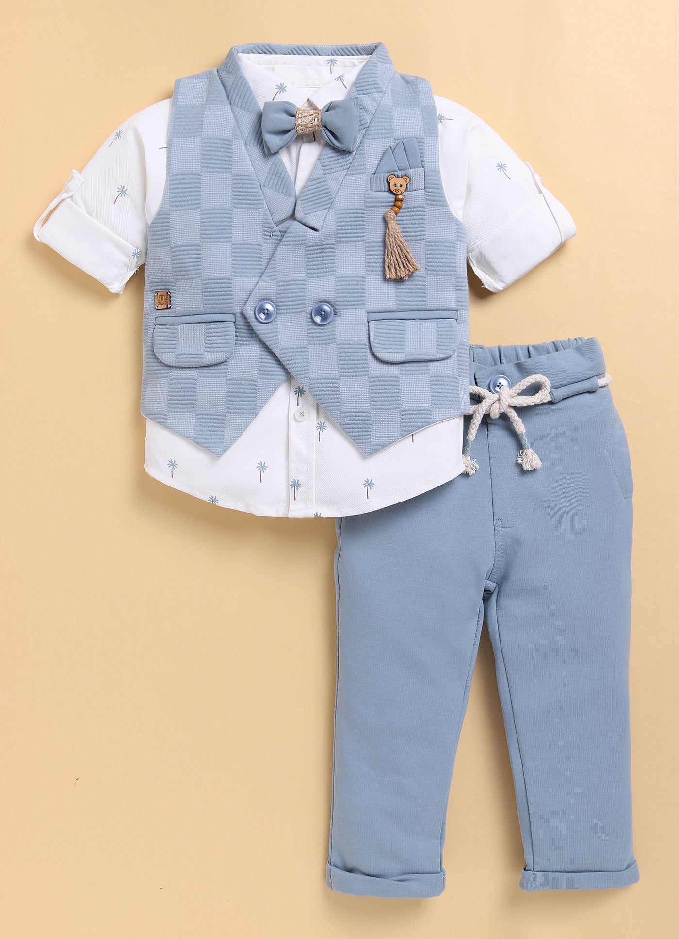 S.Blue Adorable Jacquard Waistcoat Full Sleeves Shirt Pants Bow Set for Boys