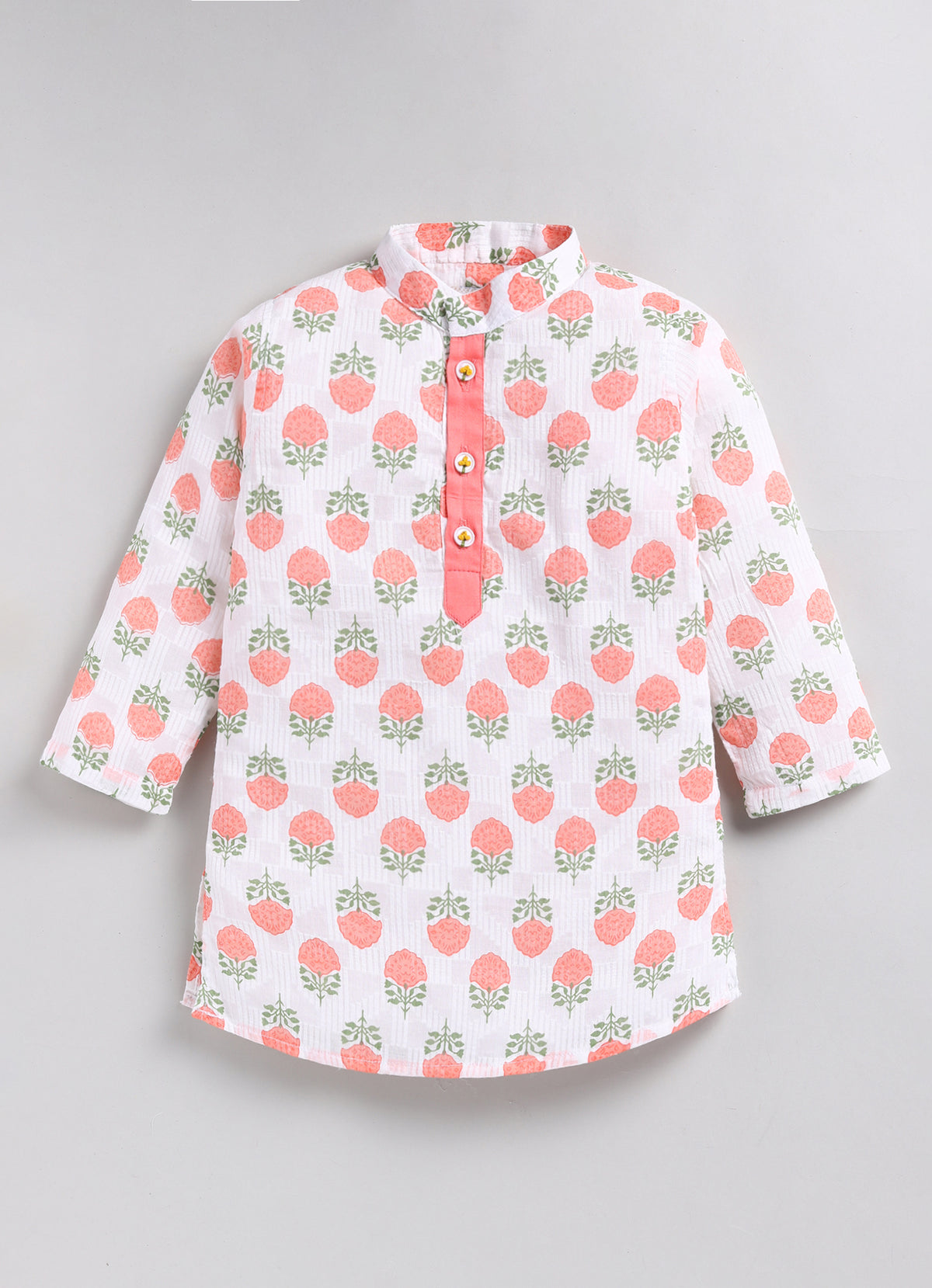 Boys Woven Pure Cotton Floral Printed Kurta Pajama with Handwork on Button Ethnic Wear Festive Set- Peach