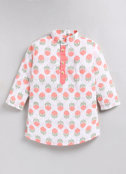 Boys Woven Pure Cotton Floral Printed Kurta Pajama with Handwork on Button Ethnic Wear Festive Set- Peach