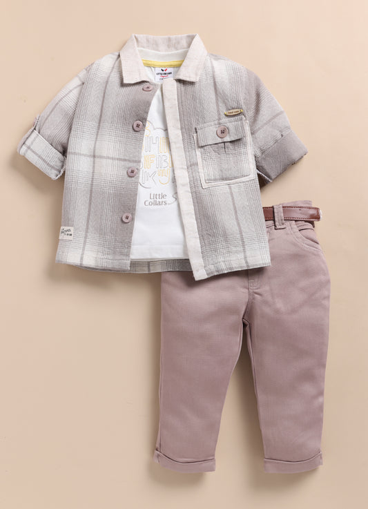 Trendy and Timeless Cotton Checkered Shacket 3 piece Casual Set for Boys- Grey