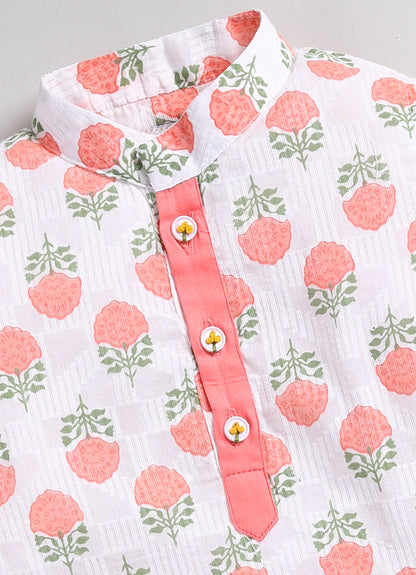 Boys Woven Pure Cotton Floral Printed Kurta Pajama with Handwork on Button Ethnic Wear Festive Set- Peach