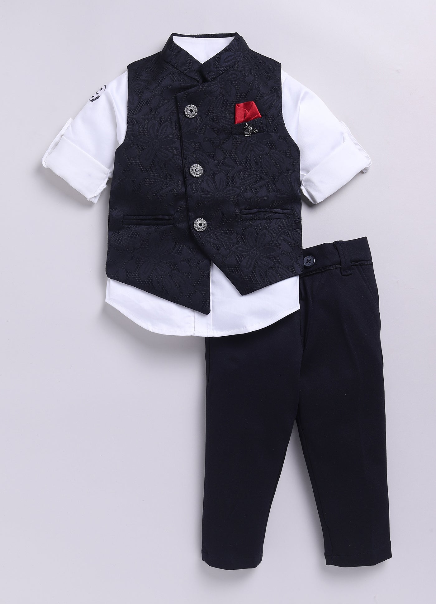 Navy Boys Full Sleeves Elegant Jaquard Nehru Jacket Coord Set