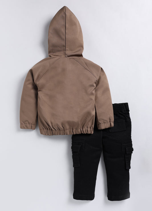 Khaki Fashionable and Trendy Hooded Jacket, Shirt, Tshirt, Cargo Pants Casual set