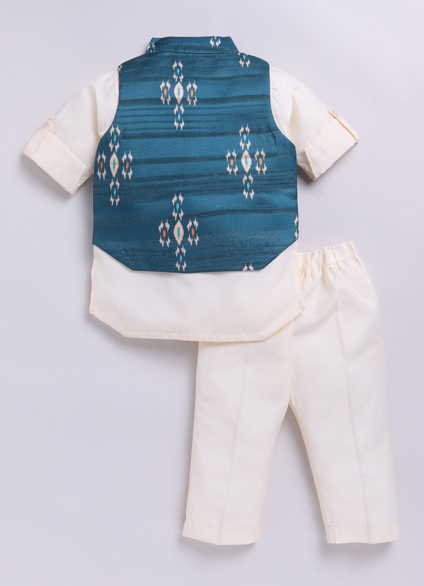 Teal Blue Boys Ikat Printed Bright Ethnic Jacket Full Sleeves Kurta Pajama Set