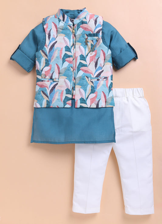 Blue Silk Blend Soft Festive Abstract Printed Bright Ethnic Nehru Jacket Full Sleeves Kurta Pajama Set