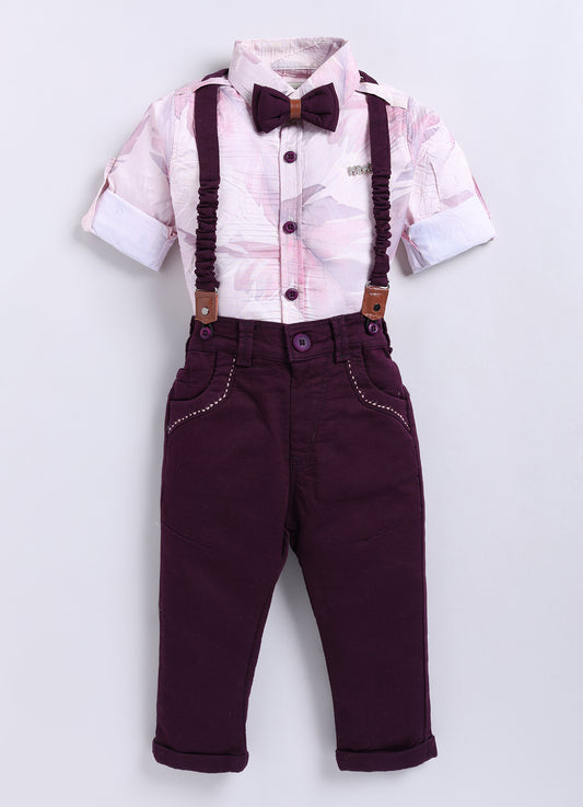 Wine Smart Crushed Printed Shirt Pant Suspender Bow Set