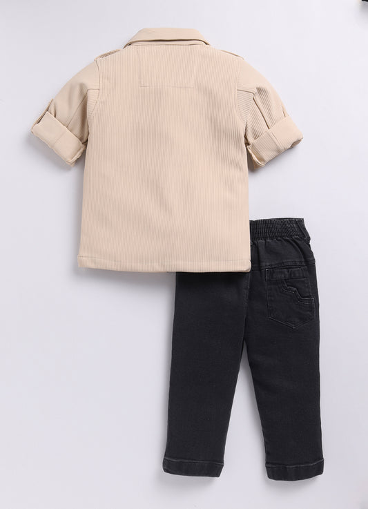 Beige Casual and Stylish Full Sleeves Jacket with Denim Pants and Sleeveless Tshirt