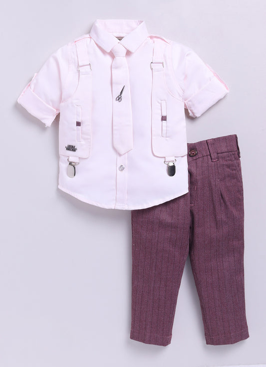 Wine Attached Suspender Striped Pants Shirt and Tie Formal Set