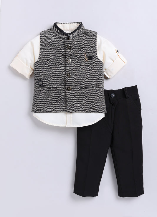 Black Elegant Jaquard Nehru Jacket, Shirt-Pant Formal Set