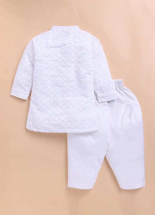 White Festive All Over Embroidered Chikankari Pathani Kurta with Patiala Pants