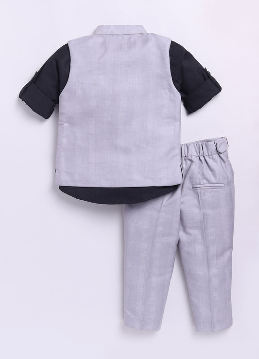 Grey Woven Self Checkered Nehru Jacket Pants Cotton Full Sleeves Shirt Coord Set