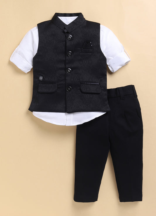 Black Formal Partywear Jacquard Nehru Jacket Full Sleeves Shirt Pant Set