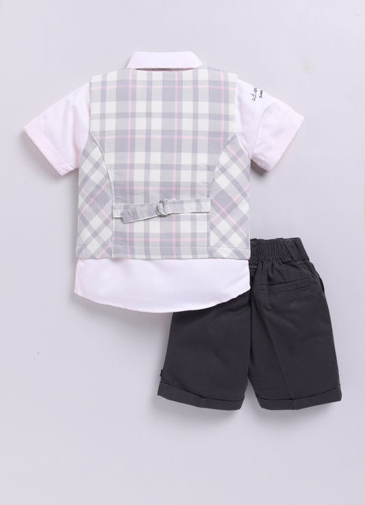 Grey Super Soft Cotton Blended 4 Piece Half Sleeves Checkered Waistcoat Half Pant Set with Bow