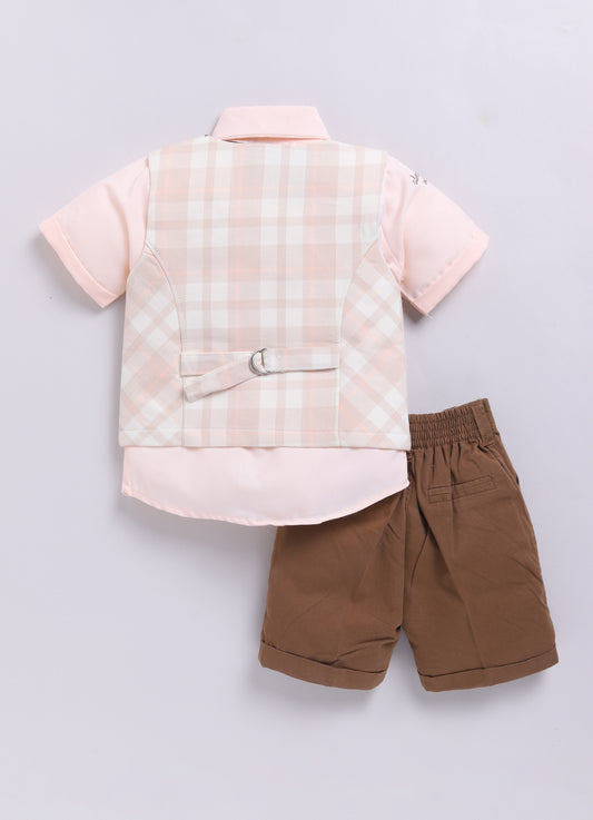 Beige Super Soft Cotton Blended 4 Piece Half Sleeves Checkered Waistcoat Half Pant Set with Bow