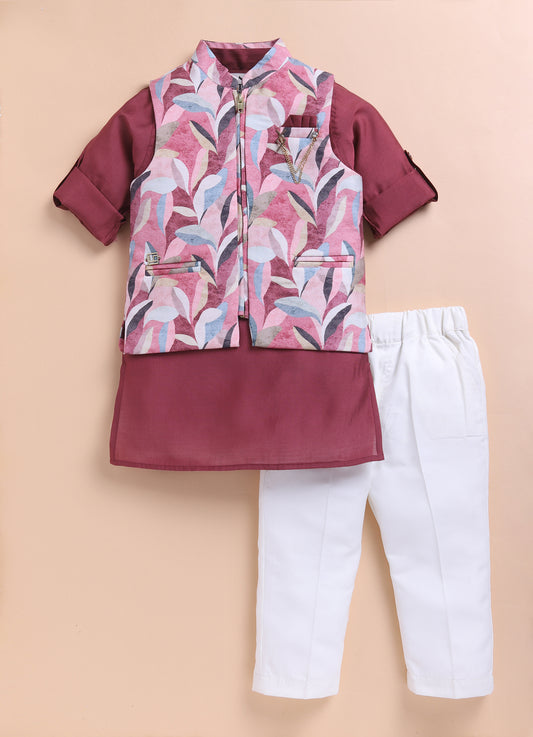 Maroon Silk Blend Soft Festive Abstract Printed Bright Ethnic Nehru Jacket Full Sleeves Kurta Pajama Set