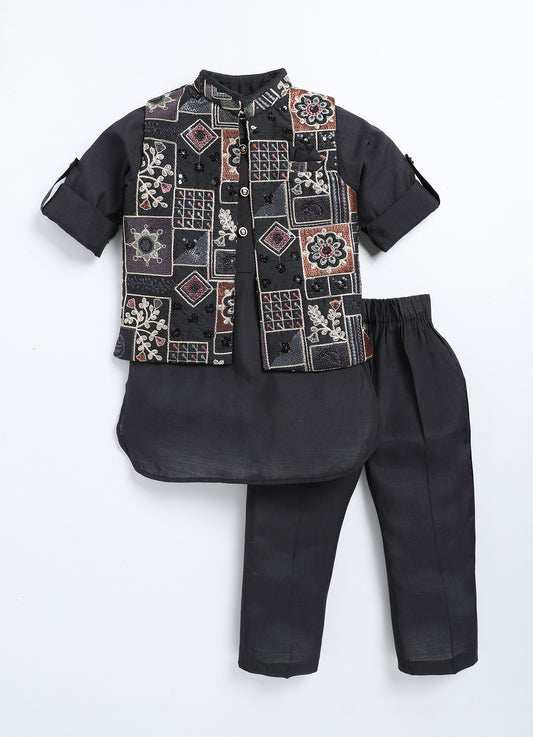 Black Festive Full Sleeves Solid Kurta Pajama with Heavy All over Embroidered Beautiful Jacket Set