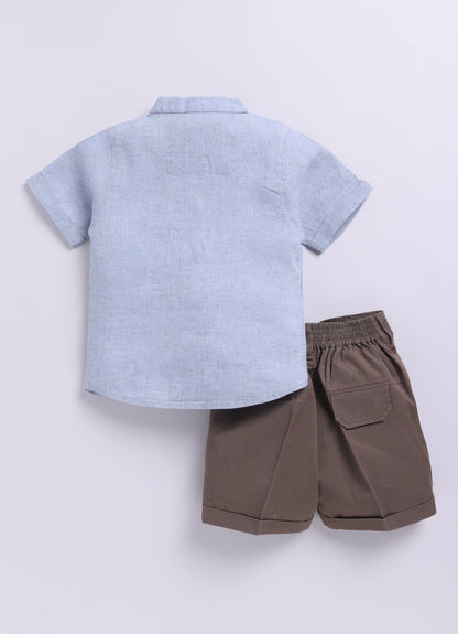 Sky Blue Casual Pure Organic Cotton Embroidered Half Sleeves Shirt Half Pant Set