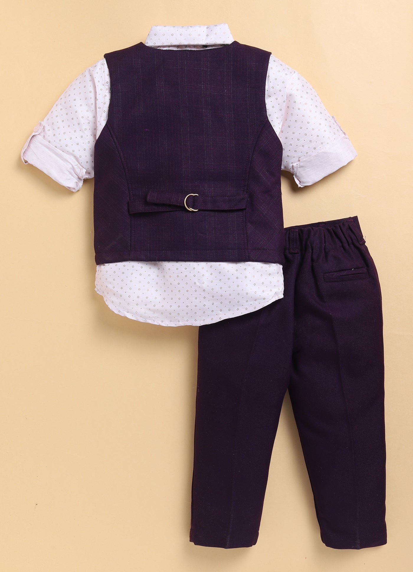 Wine Formal Partywear Self Lurex Checks Jacket Full Sleeves Shirt Pant Coord Set with Bow