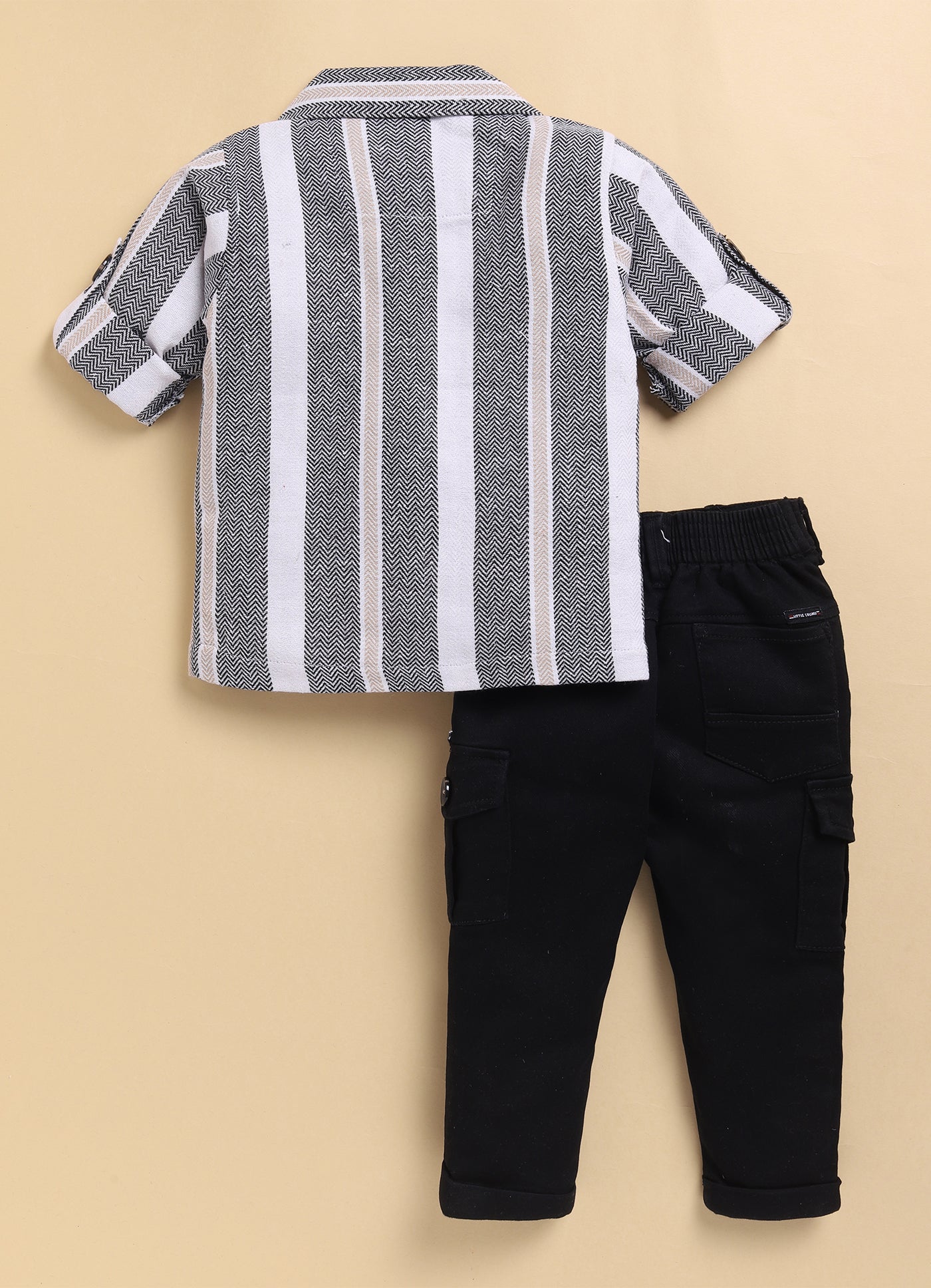 Black Recycled Cotton Striped Casual Full Sleeves Overshirt and Tshirt Pants Set