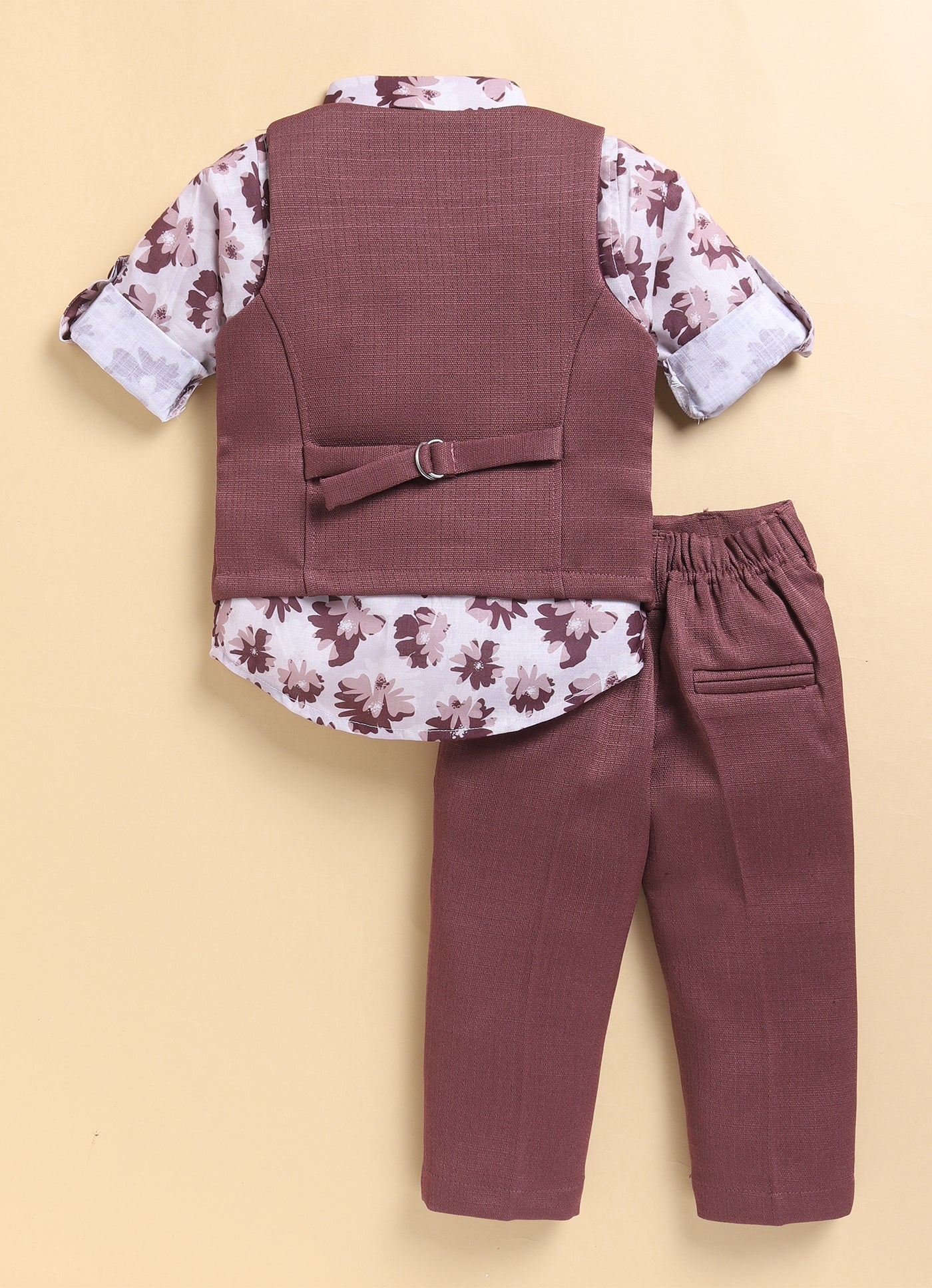 Wine Formal Partywear Waistcoat Printed Full Sleeves Shirt Pant Coord Set with Bow and Brooches
