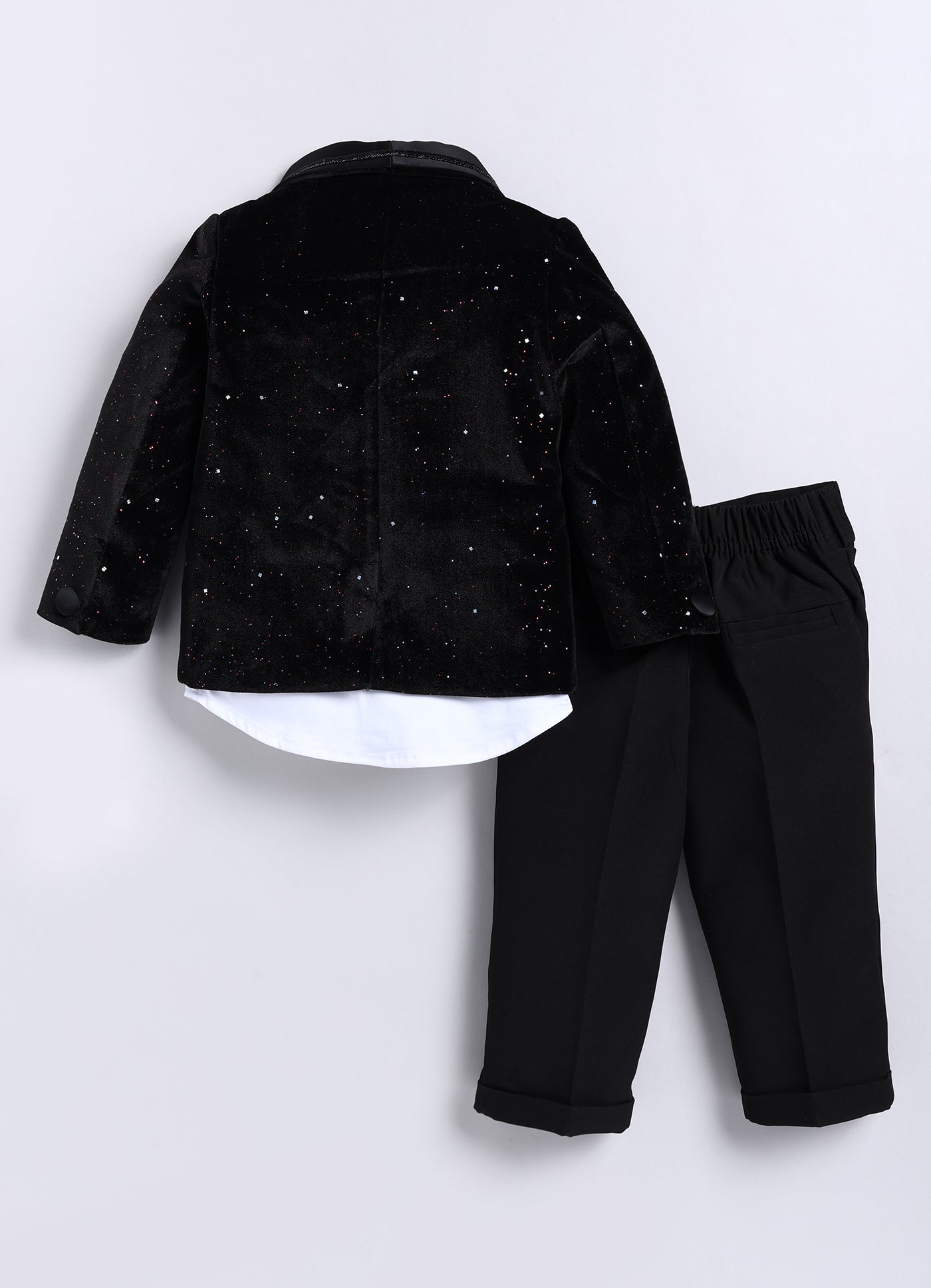 Black Shiny Velvet Coat Tuxedo Pant Shirt Set with Red Bow
