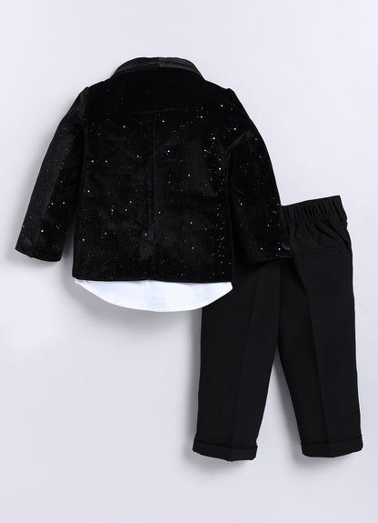 Black Shiny Velvet Coat Tuxedo Pant Shirt Set with Red Bow