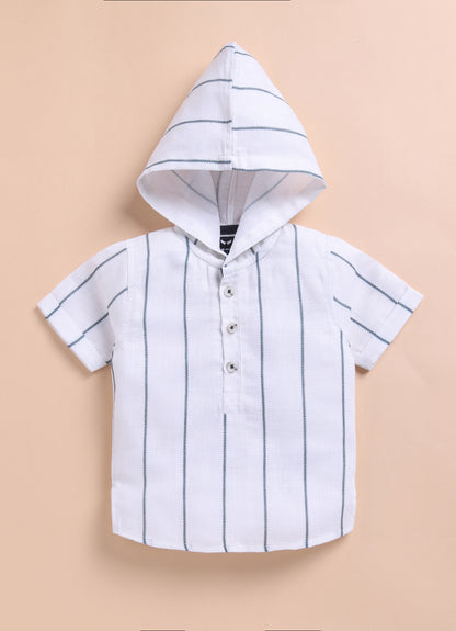 Green Casual and Stylish Full Sleeves Cotton Blend Washed Shacket with Pants and Striped Half Sleeves Hooded Kurta Shirt