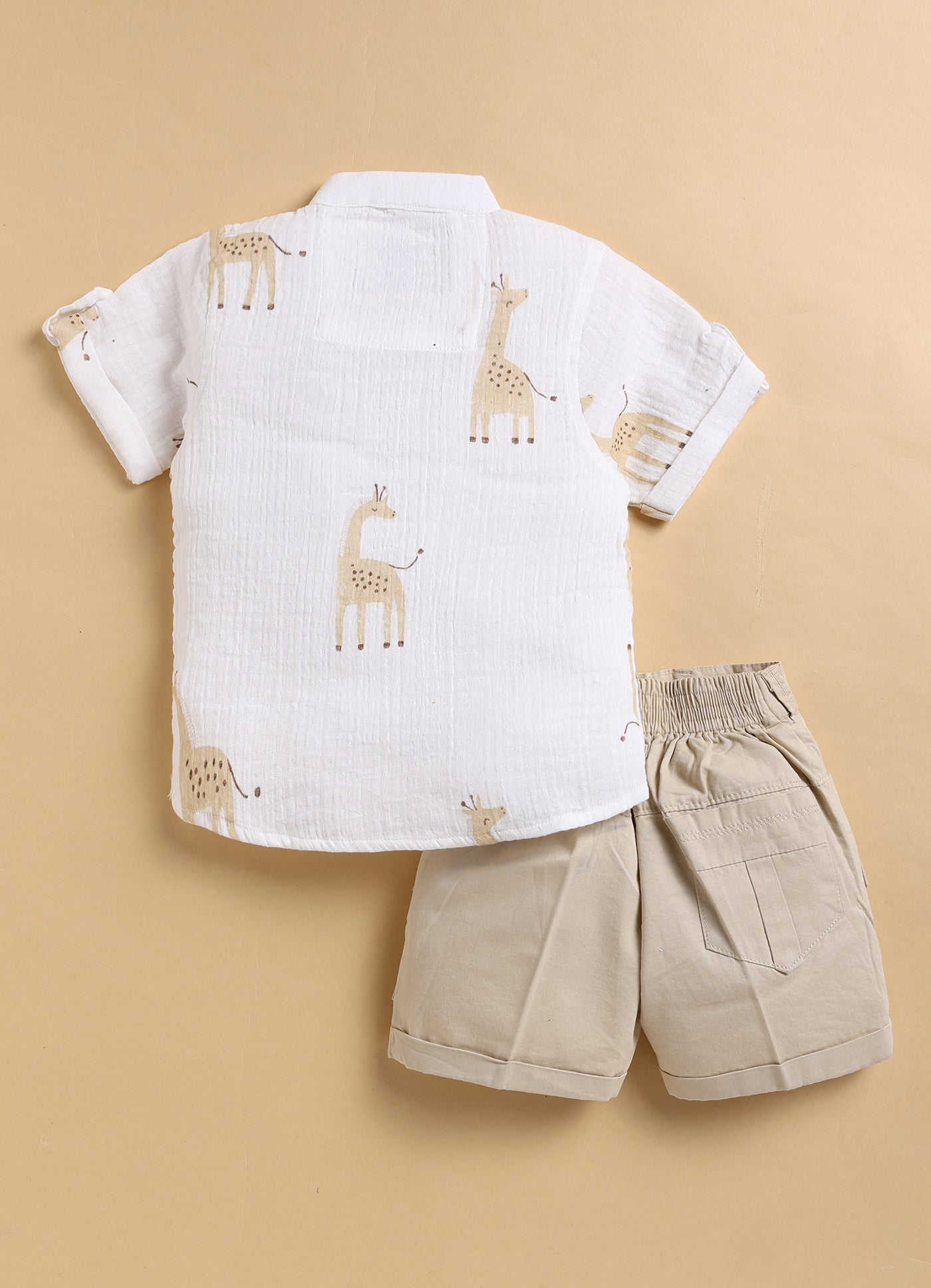 Casual Pure Organic Muslin Cotton Giraffe Printed Half Sleeves Mandarin Collar Kurta Shirt Half Pant Set - Beige