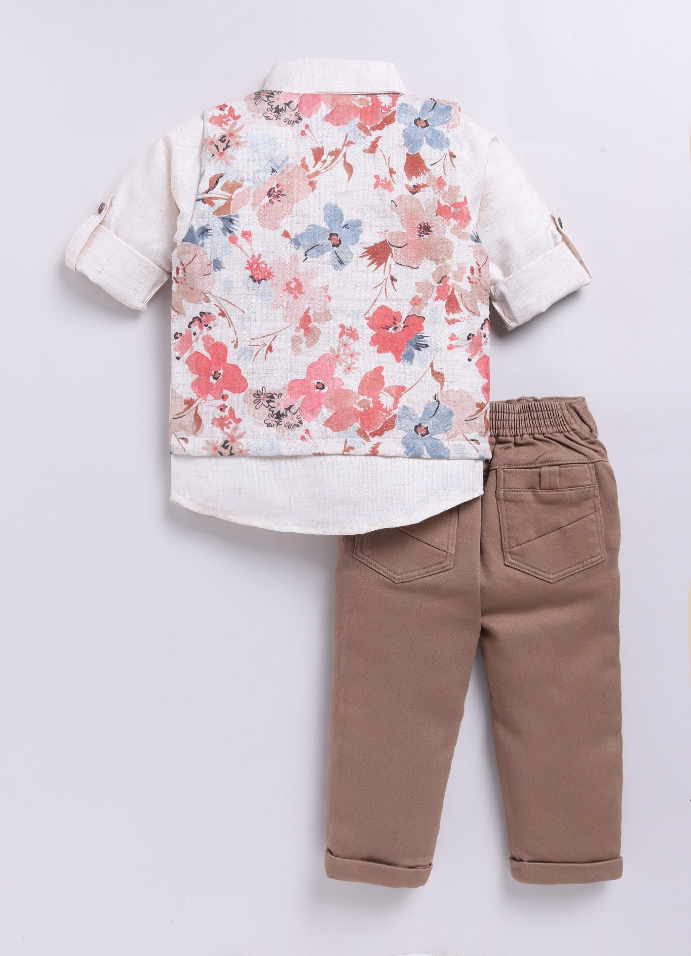 Peach Partywear Abstract Printed Full Sleeves Shirt Pant Attached Suspender Bow Set
