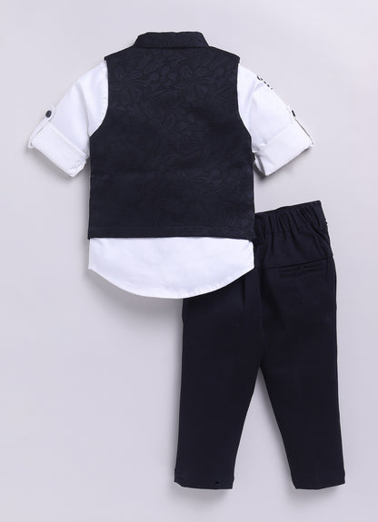Navy Boys Full Sleeves Elegant Jaquard Nehru Jacket Coord Set
