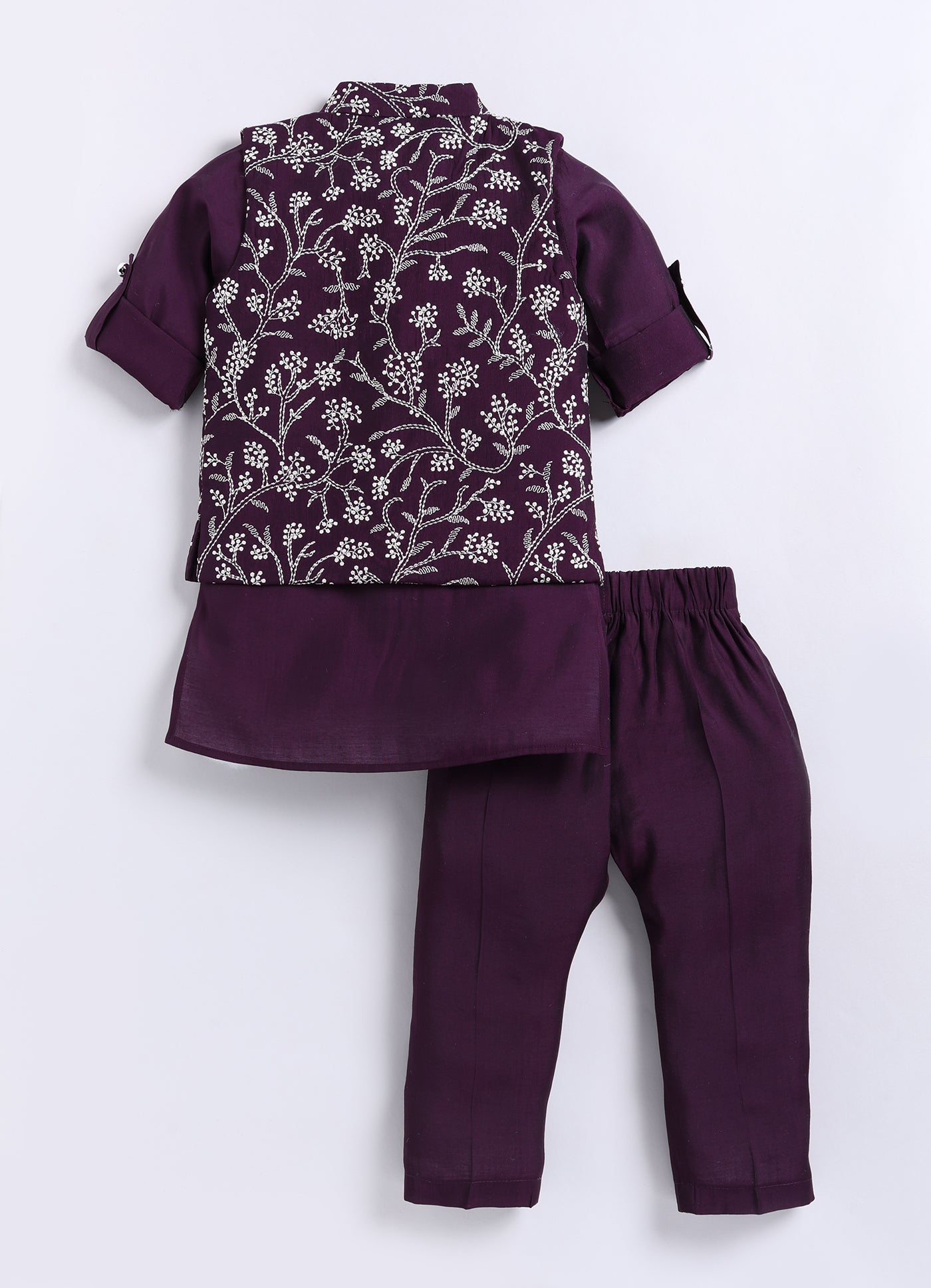 Wine Festive Floral All Over Embroidered Nehru Jacket Kurta Pajama Set
