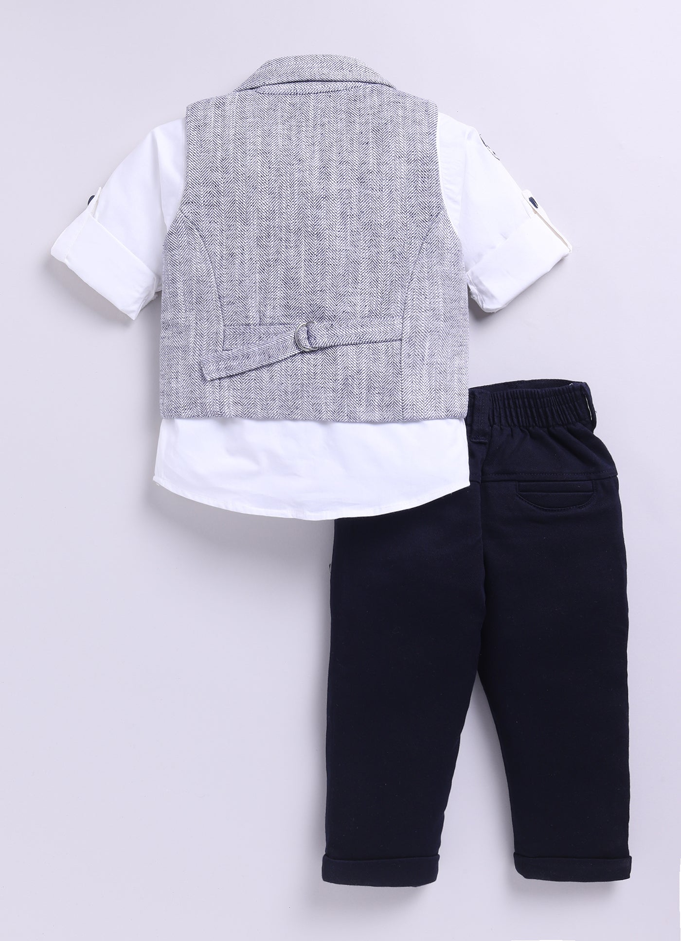 Navy Adorable Woven Waistcoat Full Sleeves Shirt Pants Set with Bow