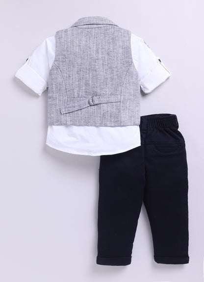Navy Adorable Woven Waistcoat Full Sleeves Shirt Pants Set with Bow