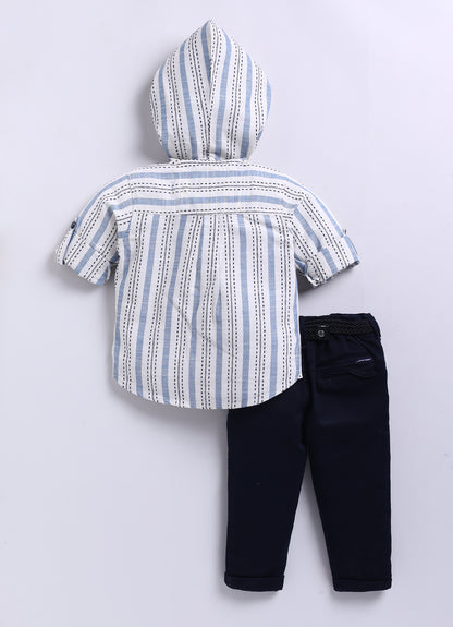 Casual and Stylish Full Sleeves Cotton Striped Hoodie Shirt with Pants with Belt- NAVY