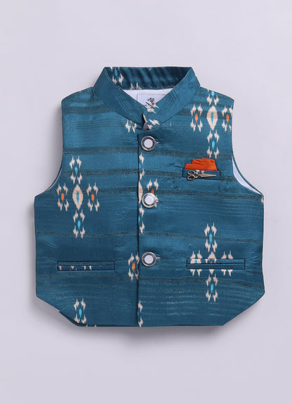 Teal Blue Boys Ikat Printed Bright Ethnic Jacket Full Sleeves Kurta Pajama Set