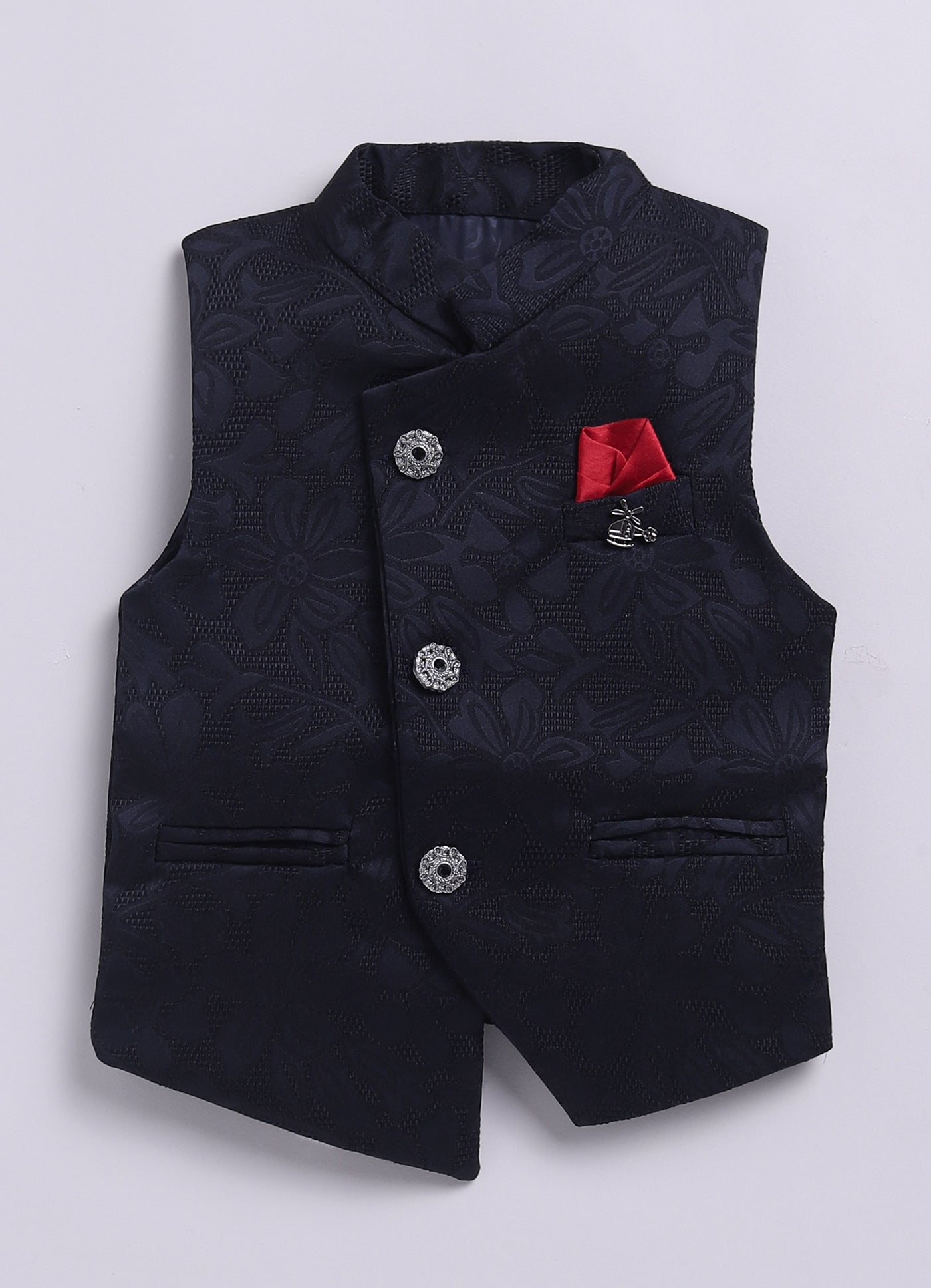 Navy Boys Full Sleeves Elegant Jaquard Nehru Jacket Coord Set