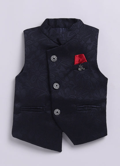 Navy Boys Full Sleeves Elegant Jaquard Nehru Jacket Coord Set